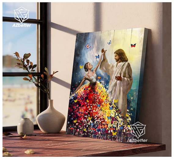 Ballet Dancer Dancing with Jesus Flower Dress Butterflies Faith Poster