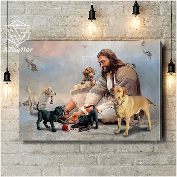 Jesus Sitting with Labrador Puppies Playing with Yarn Poster