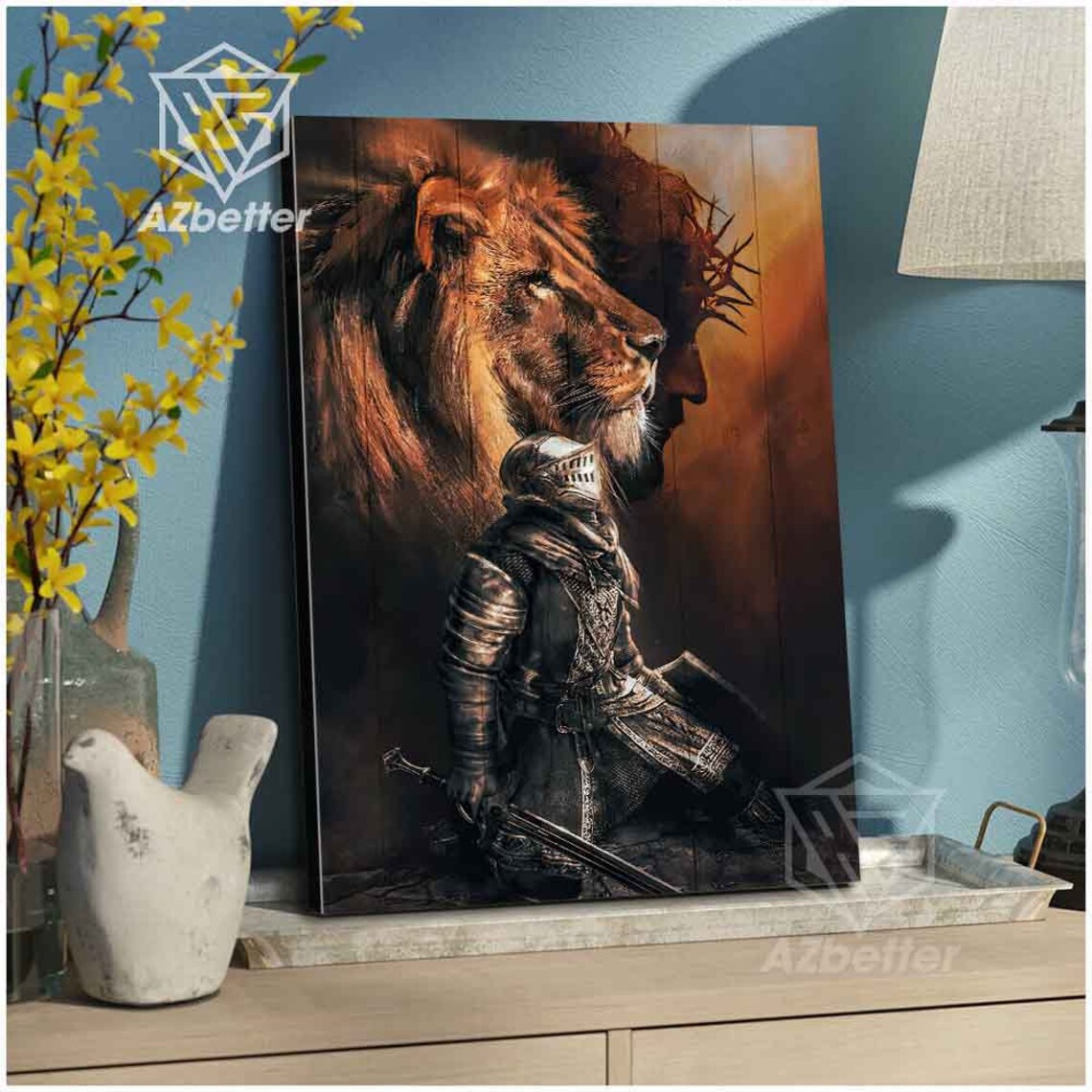Warrior Knight Kneeling with Sword Lion Jesus Crown of Thorns Poster - Image 2