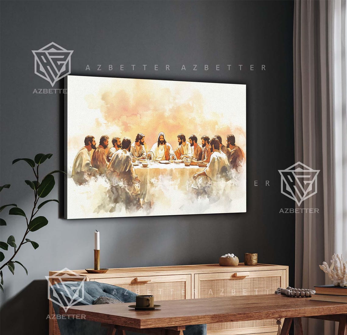 The Last Supper Jesus And Apostles Watercolor Framed Art Poster - Image 3