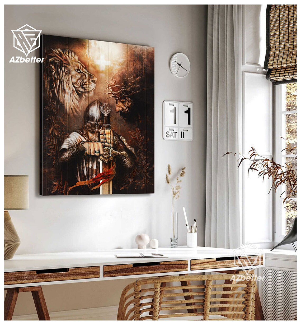 Knight Warrior of God with Sword Lion Jesus Glowing Cross Faith Poster - Image 4