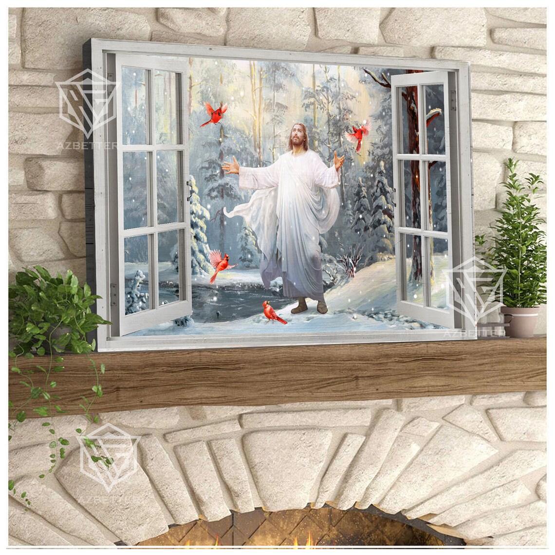 Jesus in Winter Snow Forest Window With Red Cardinals Poster - Image 4