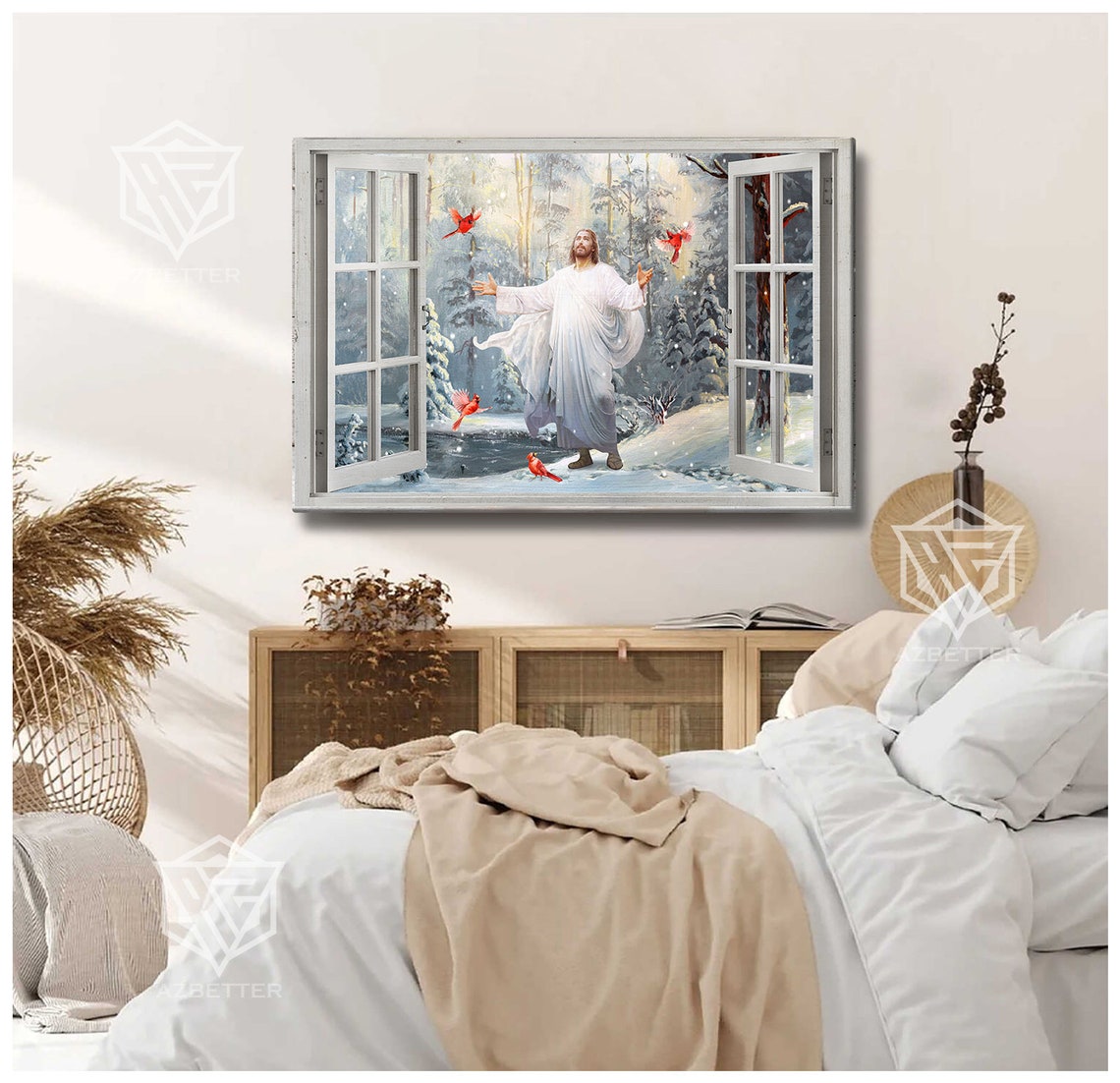 Jesus in Winter Snow Forest Window With Red Cardinals Poster - Image 3