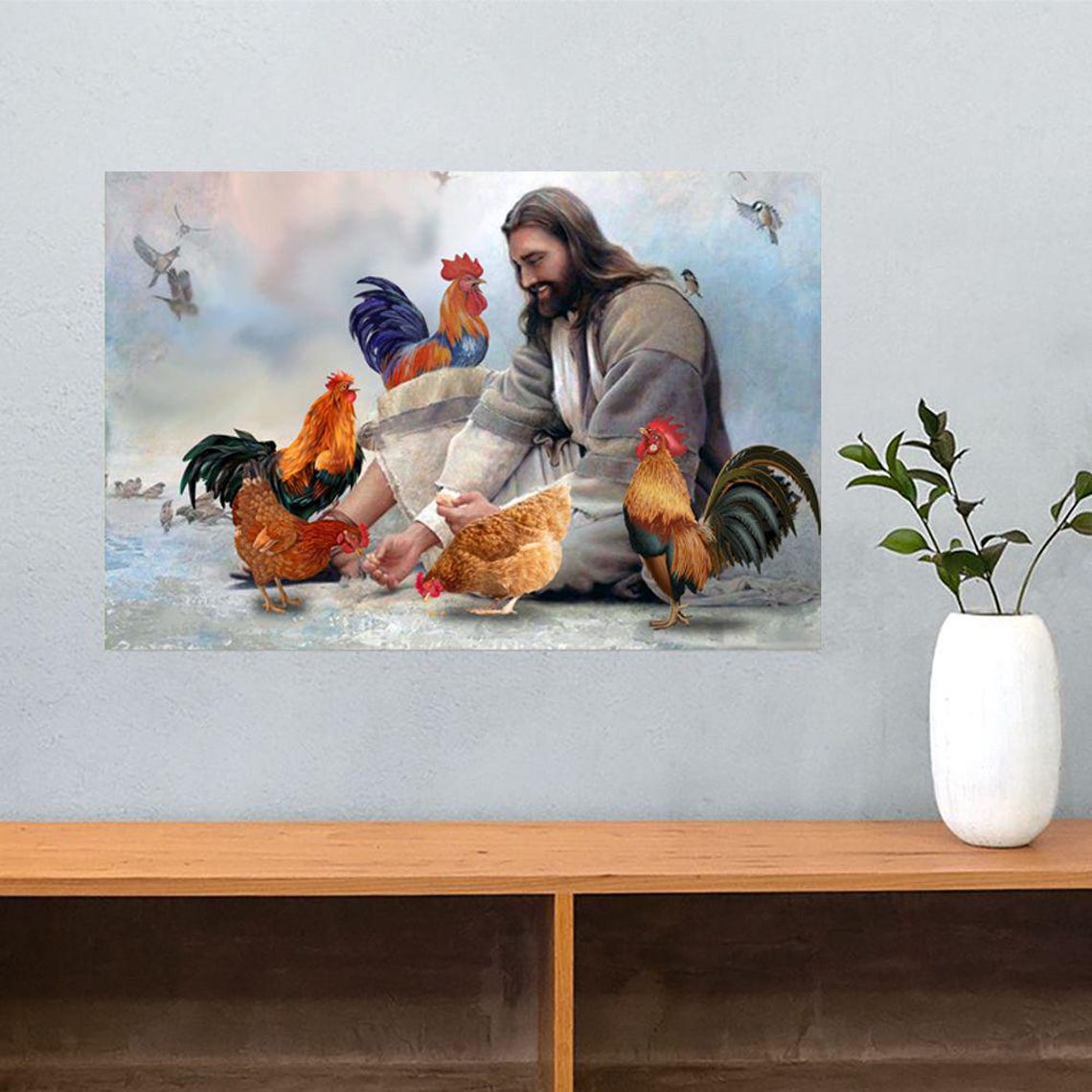 Jesus With Chickens Watercolor Pastoral Farm Animal Scene Poster - Image 3