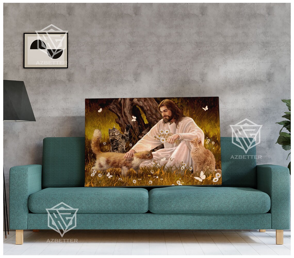 Jesus Petting Three Cats In Wildflower Field With Butterflies Poster - Image 3