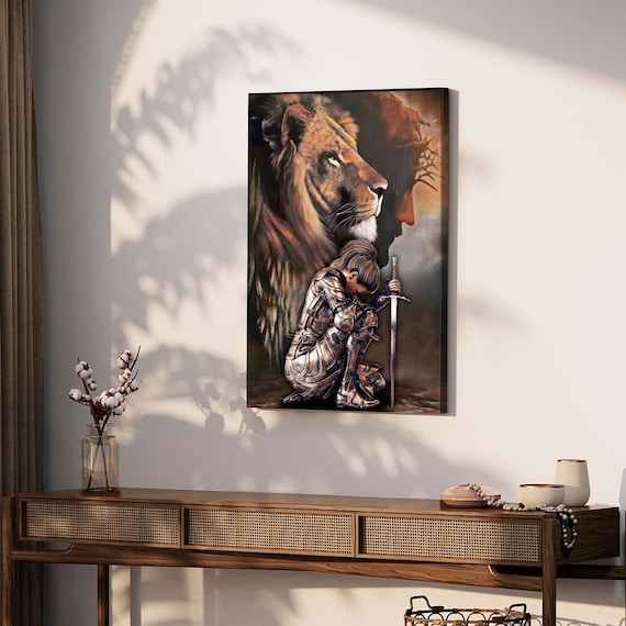 Lion of Judah Christian Knight Kneeling Warrior Faith Art Poster