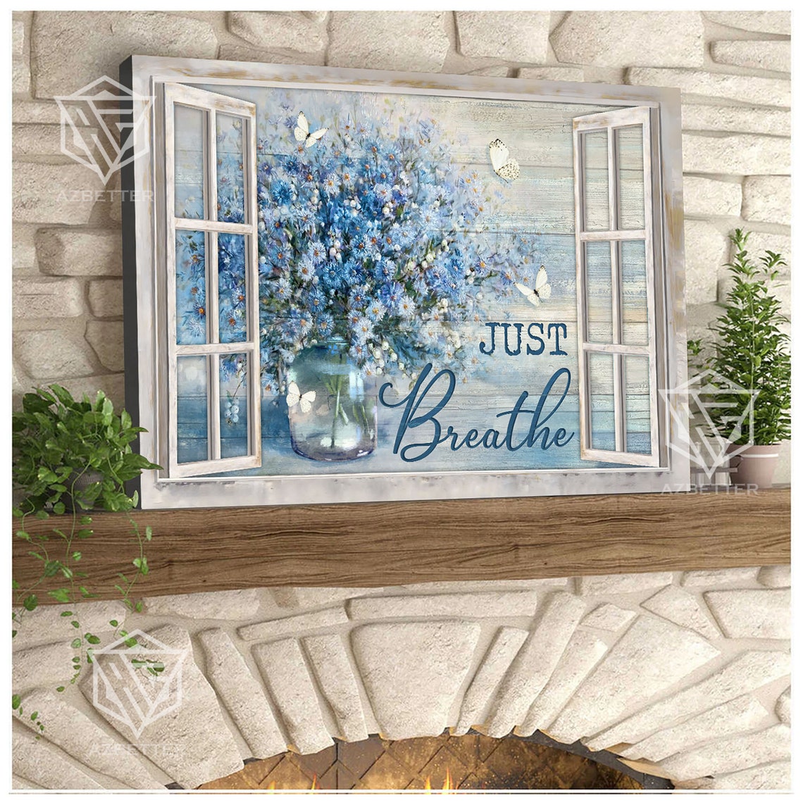 Just Breathe Rustic Window With Blue Daisy Vase And Butterflies Poster - Image 3