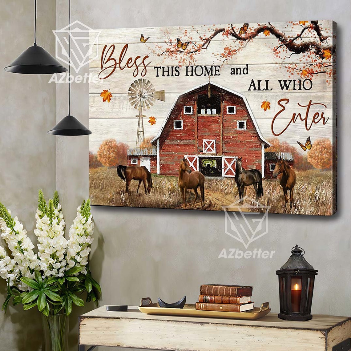 Red Barn with Horses Bless This Home and All Who Enter Poster - Image 5