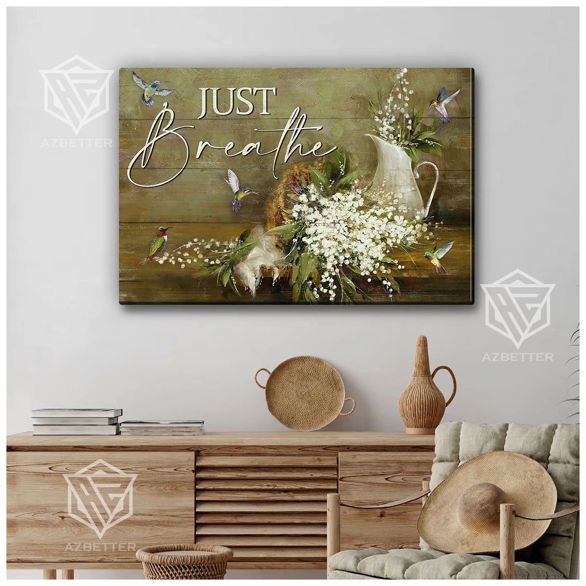 Just Breathe Rustic Calm Hummingbird Floral Pitcher Scene Poster - Image 4