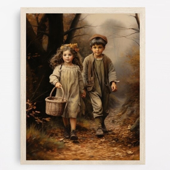 Children Walking Autumn Forest Path With Basket Vintage Poster