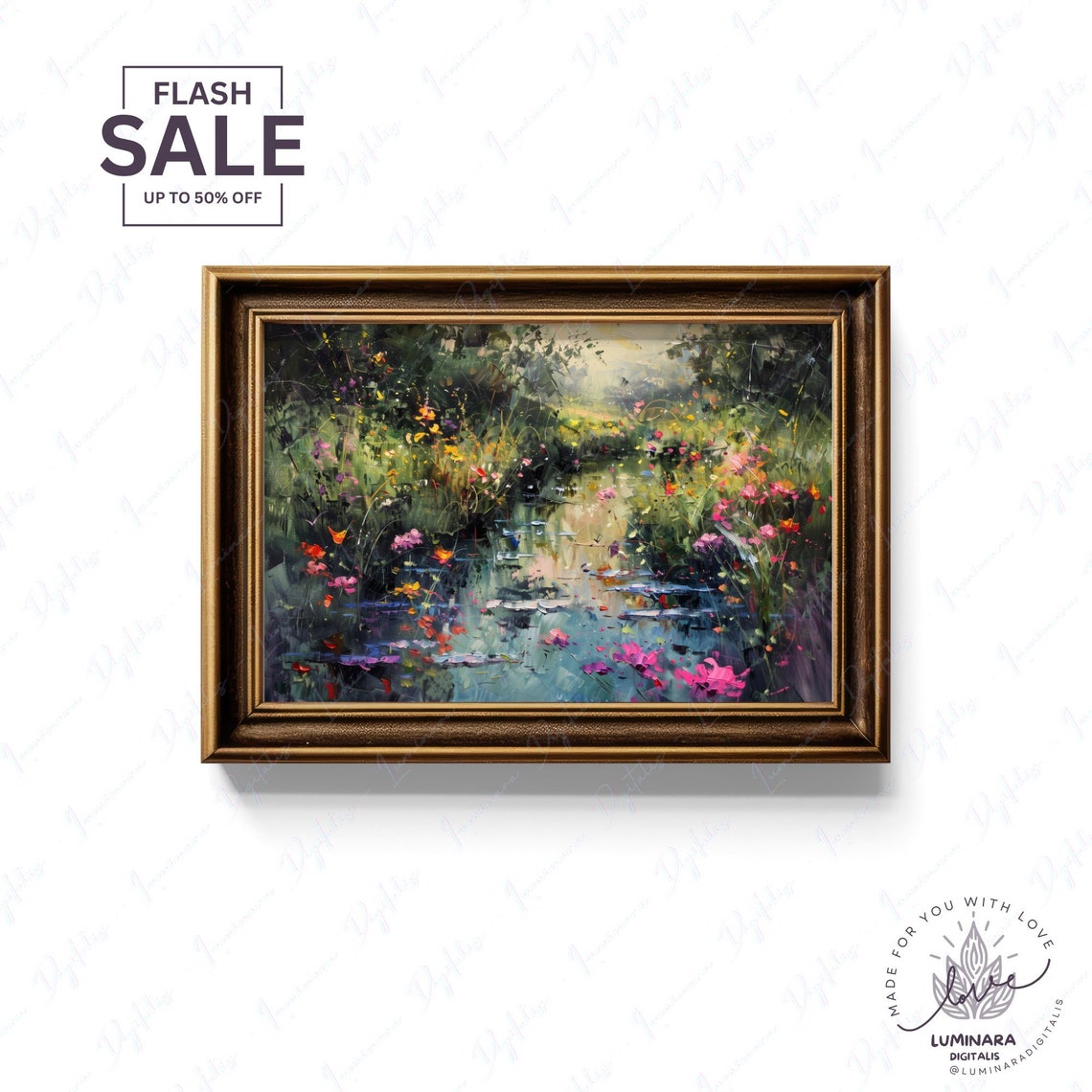 Flower Lined Stream Impressionist Garden Watercolor Art Print - Image 2