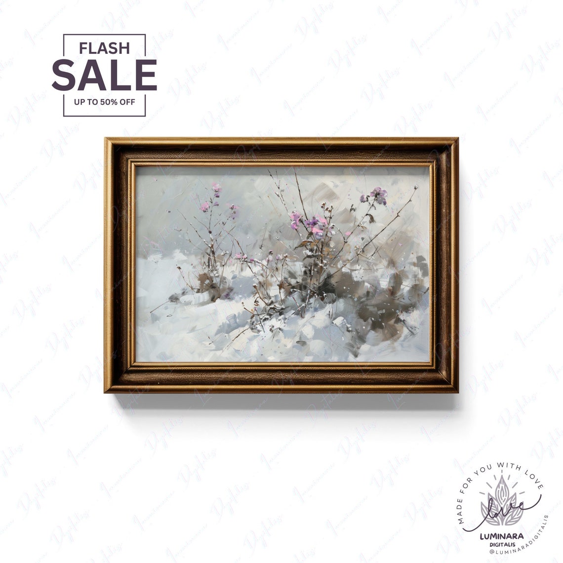 Pink Winter Blossoms In Fresh Snow Elegant Snowy Floral Art Poster - Image 2