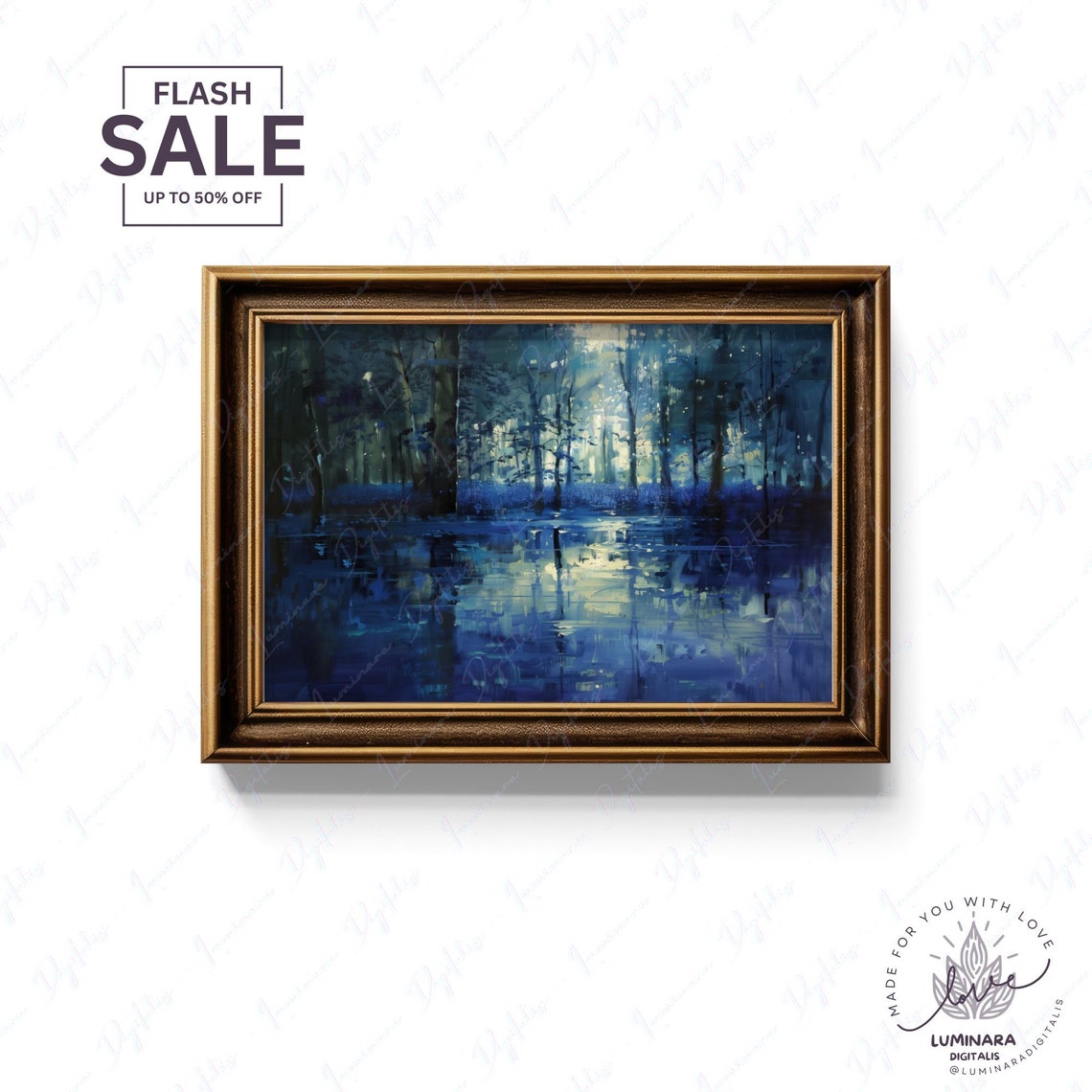 Moonlit Forest Reflections Shimmering On Still Blue Water Poster - Image 2