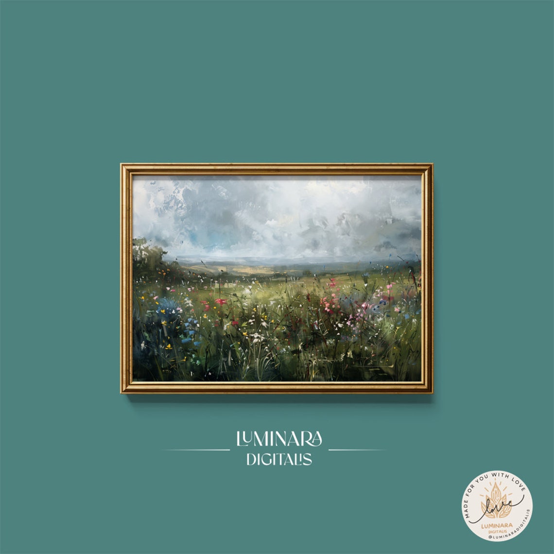 Rainy Wildflower Meadow Under Dramatic Cloudy Skies Art Poster