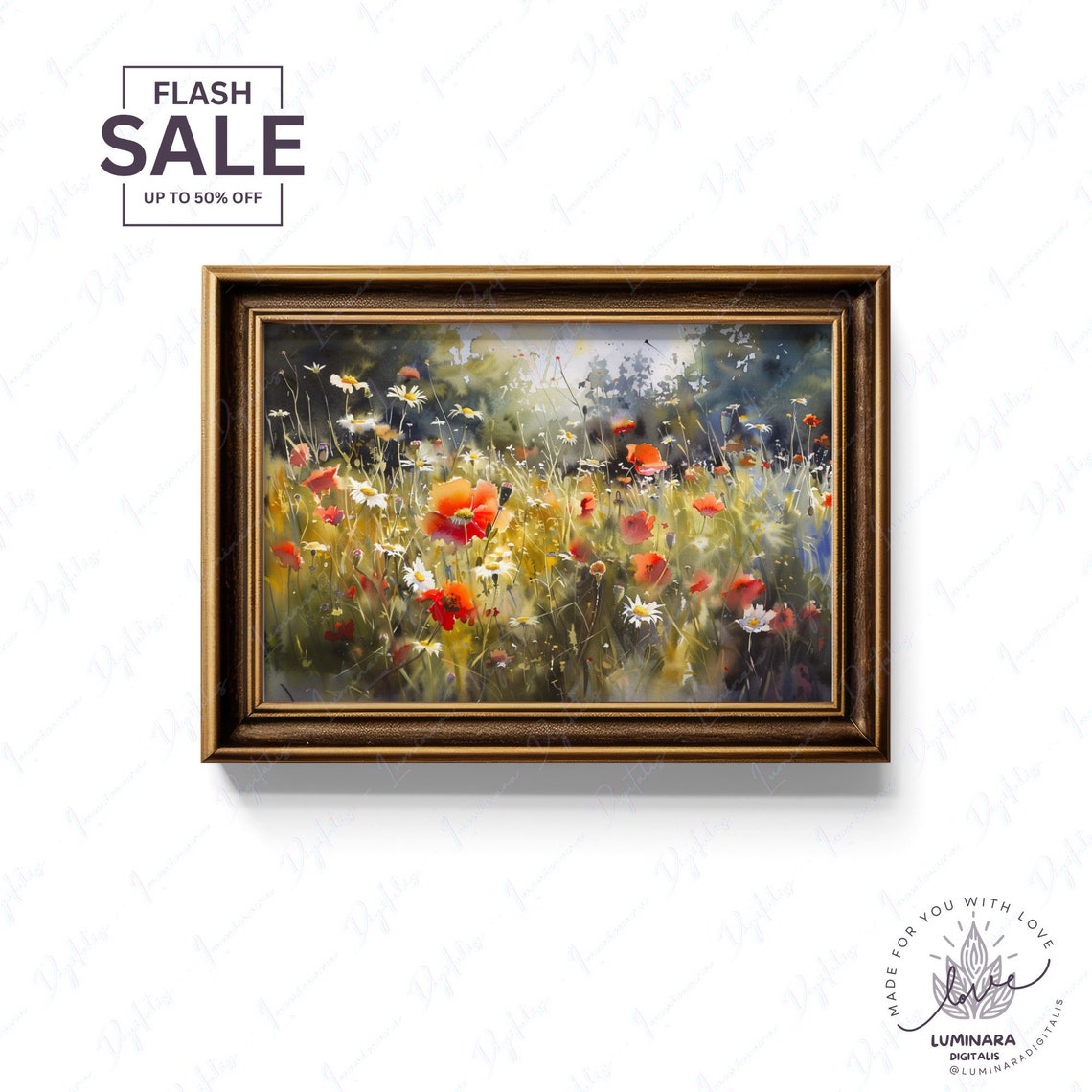 Watercolor Meadow Of Poppies And Daisies In Morning Light Poster - Image 2