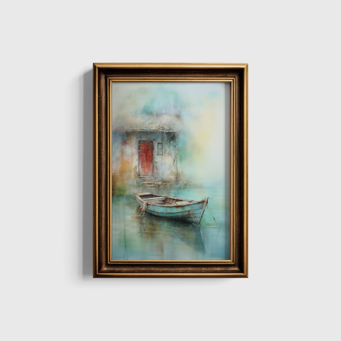 Weathered Rowboat Before A Red Door In Soft Harbor Mist Art Print - Image 5