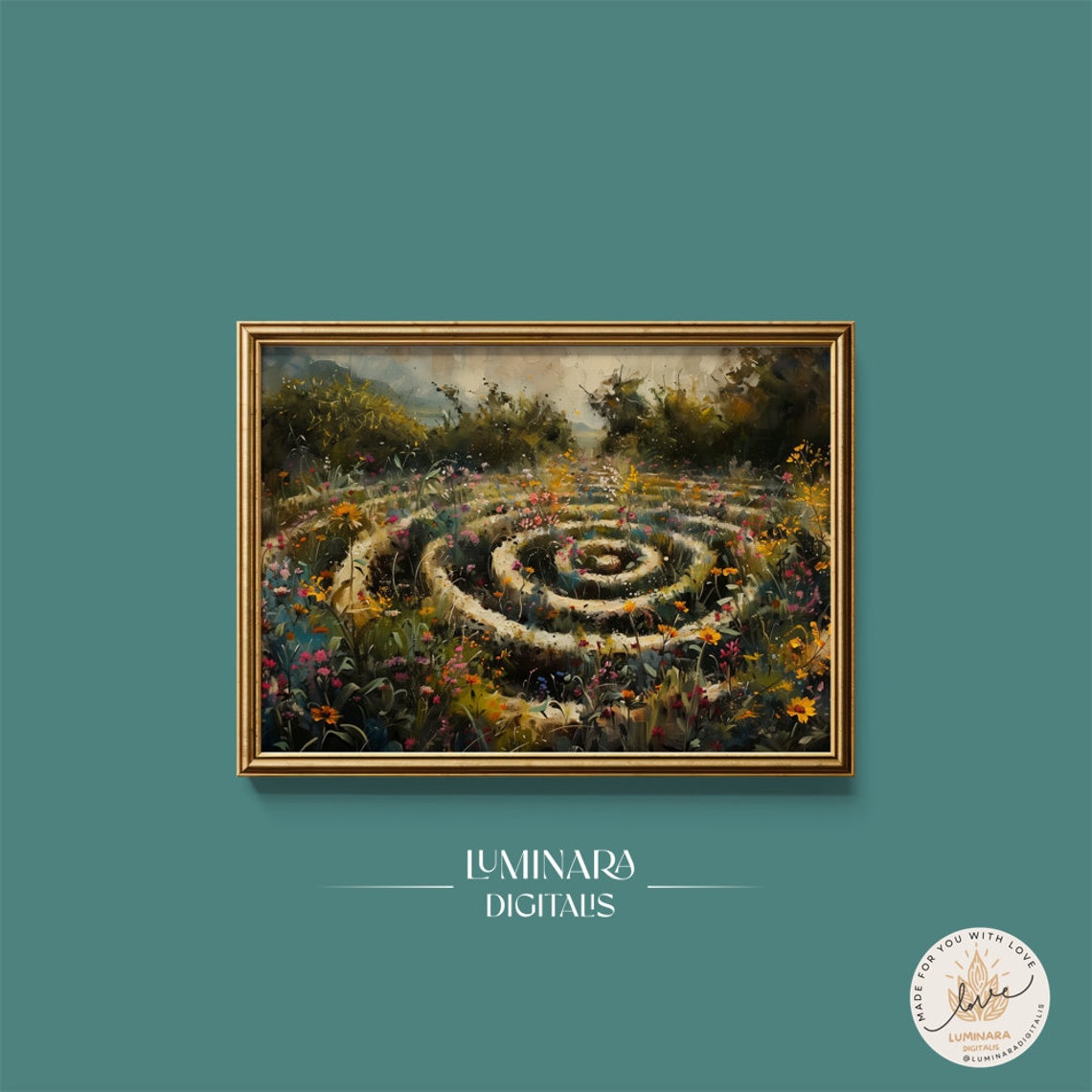 Wildflower Garden Spiral Pathway Stone Labyrinth Dreamy Art Poster