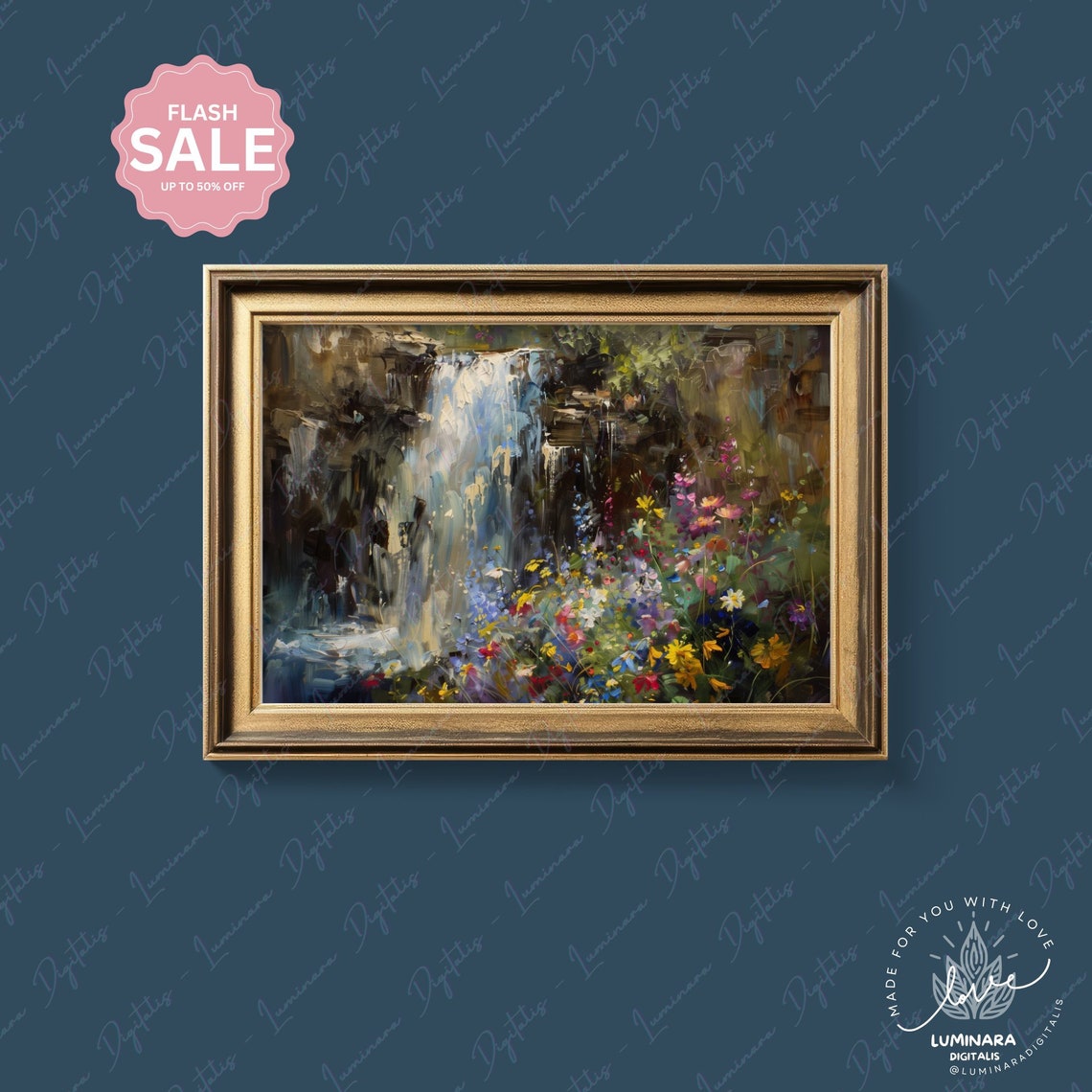 Waterfall Tumbling Over Dark Rocks Into Wildflower Meadow Poster - Image 4