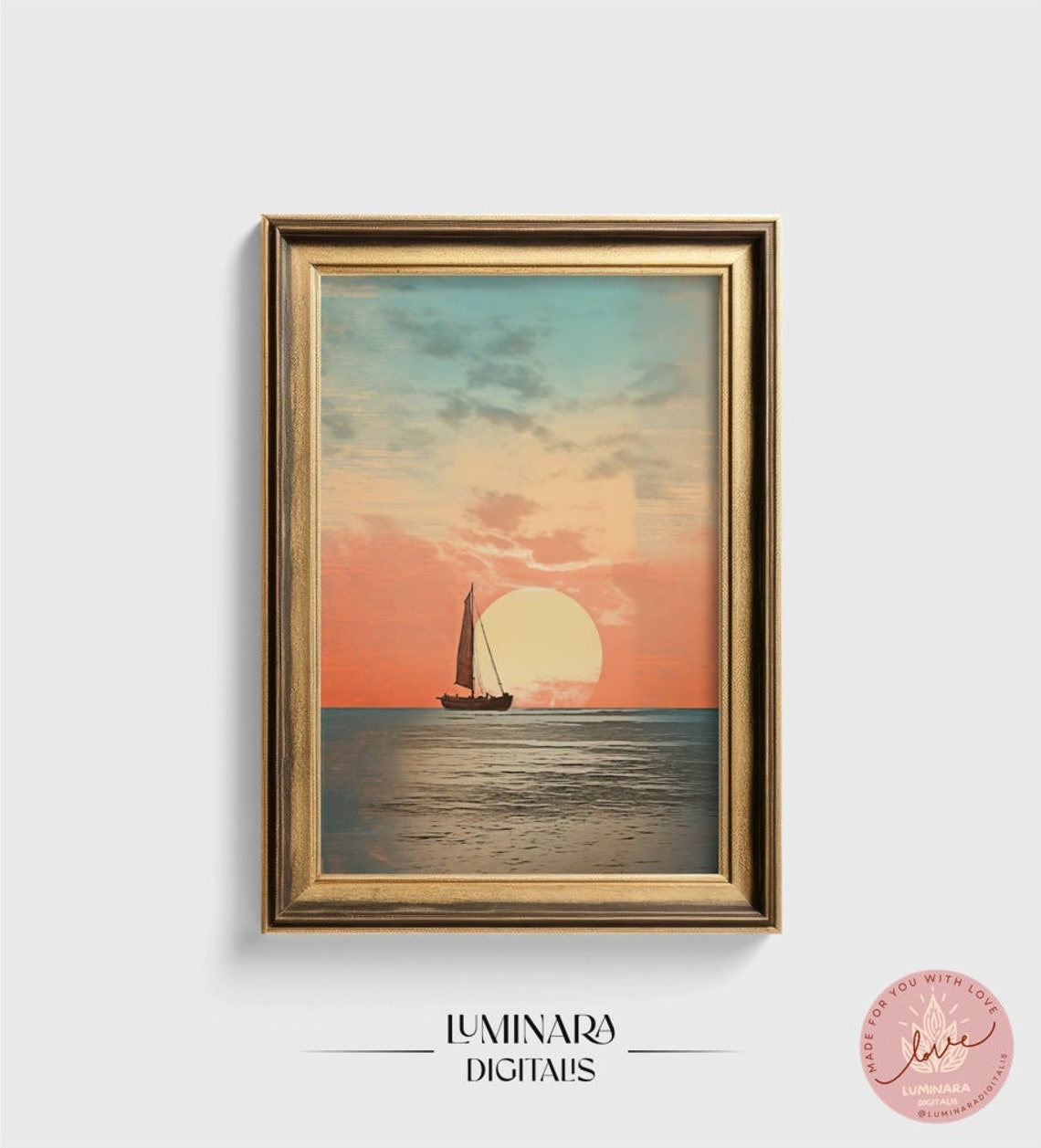 Lone Sailboat Sailing At Sunset Beneath A Giant Golden Sun Poster