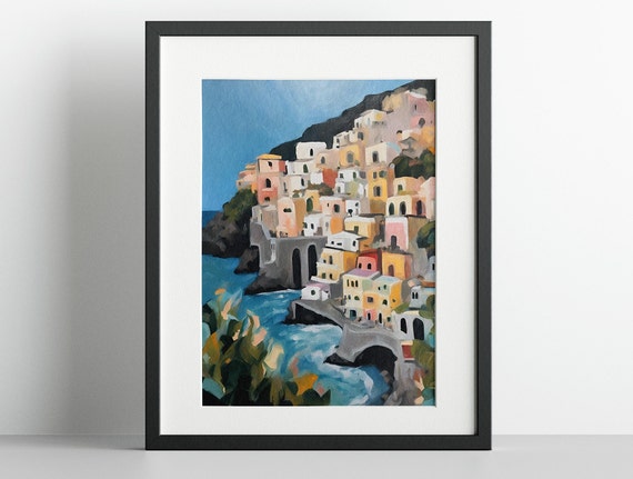 Amalfi Coastal Travel Poster, Pastel Pink Italy