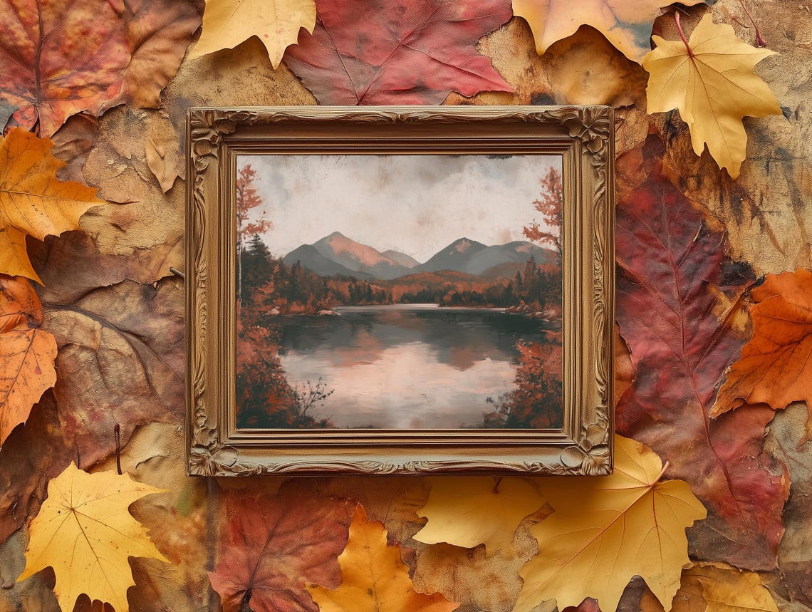 Hazy Autumn Mountain Lake Vintage Muted Landscape Art Poster - Image 2