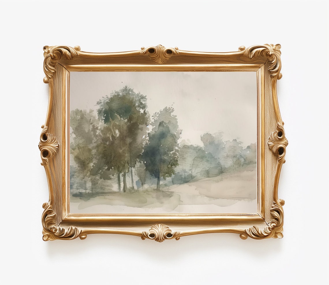 Muted Antique Landscape Painting Misty Trees Neutral Farmhouse Print - Image 3
