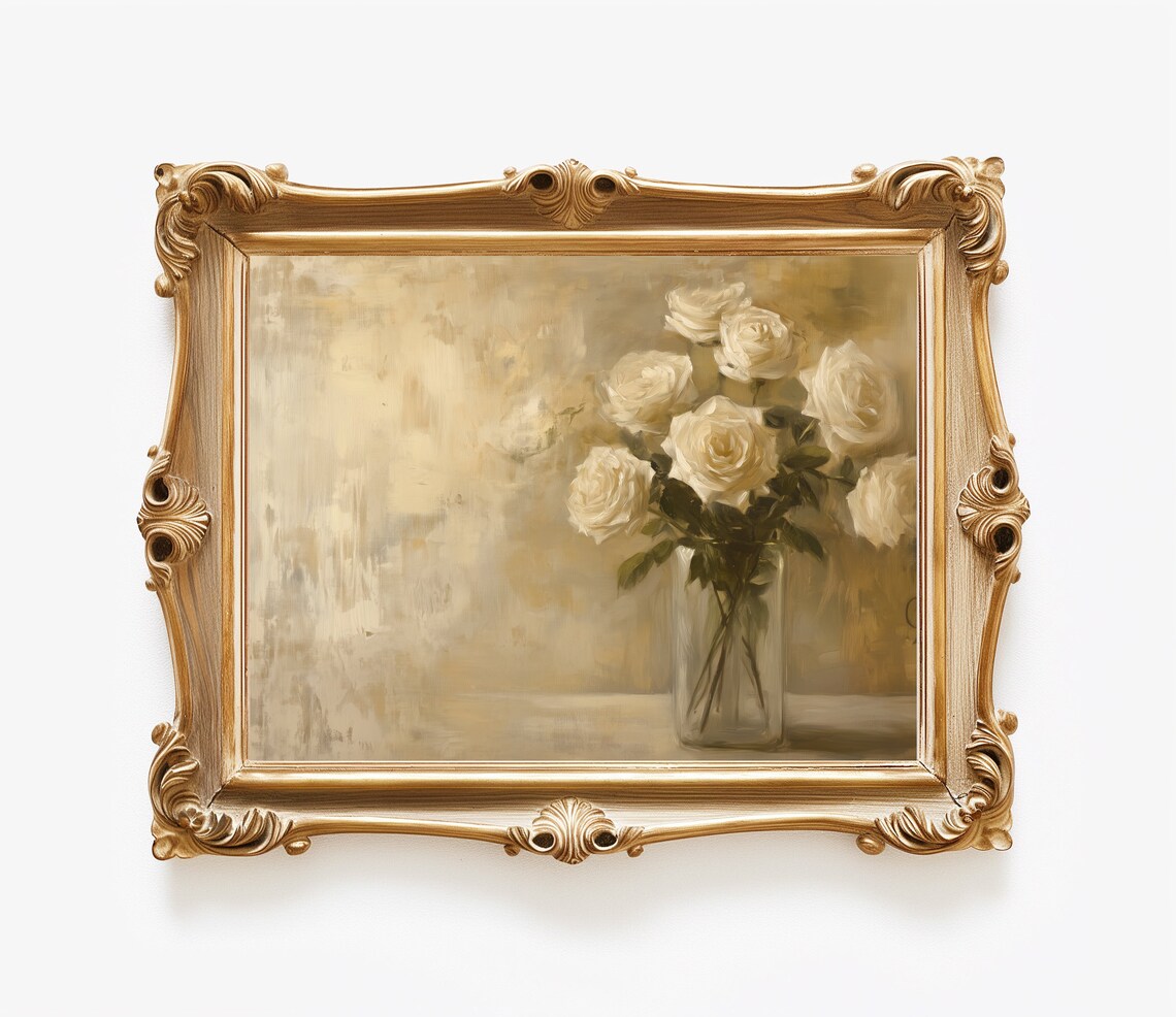 White Roses Glass Vase Neutral Floral Still Life Farmhouse Poster - Image 4