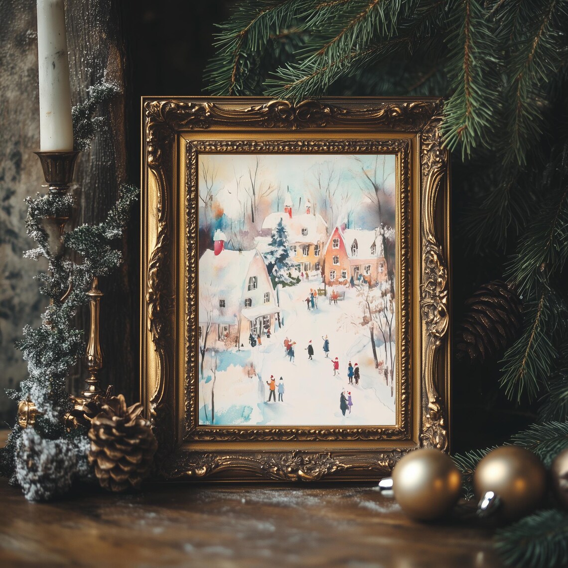 Watercolor Christmas Village Red Roofs Snow People Gathering Poster - Image 4