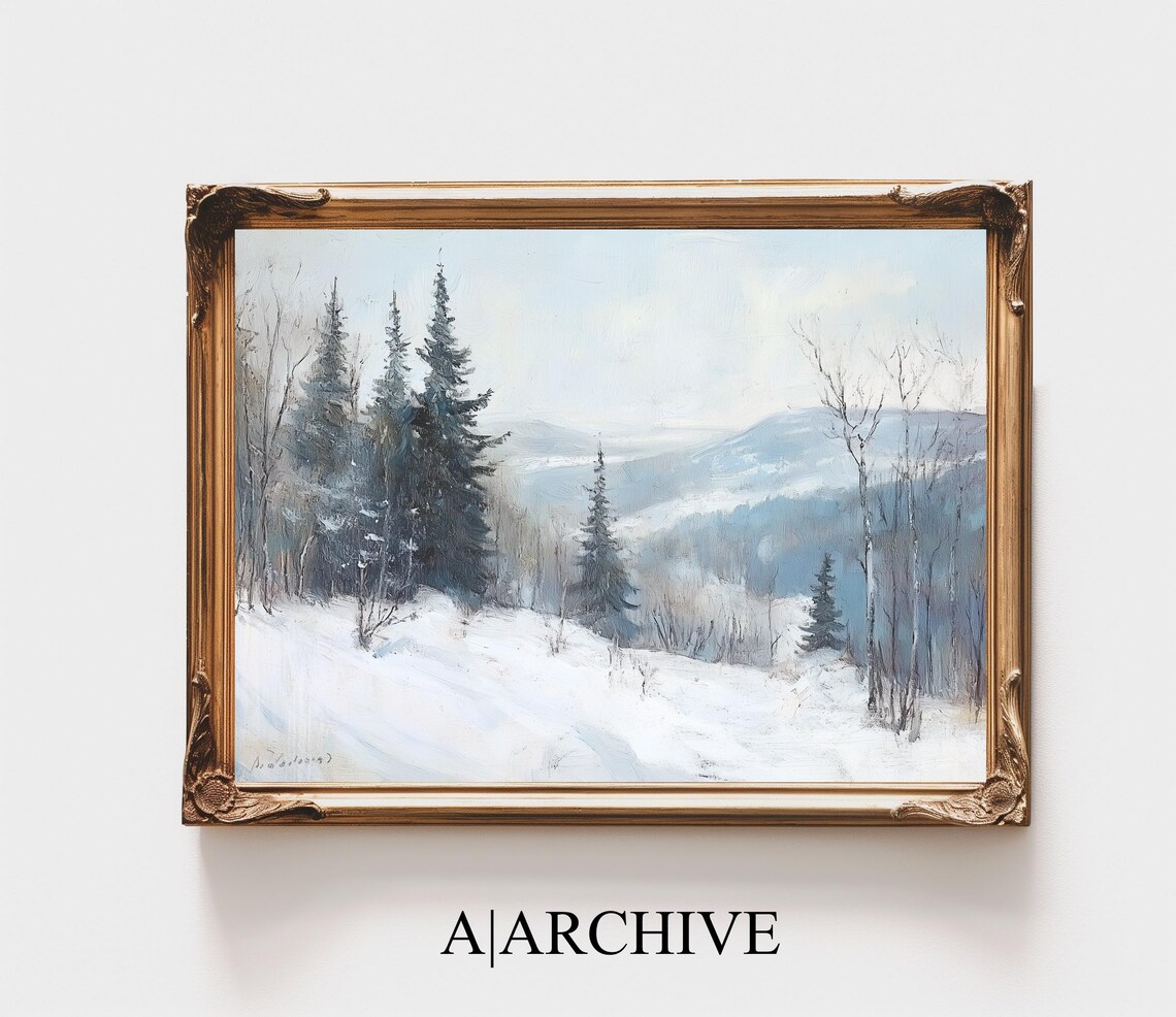 Christmas Home Art Winter Landscape Scene Snowy Forest Painting Rustic Nordic Farmhouse Oil Painting Holiday Art