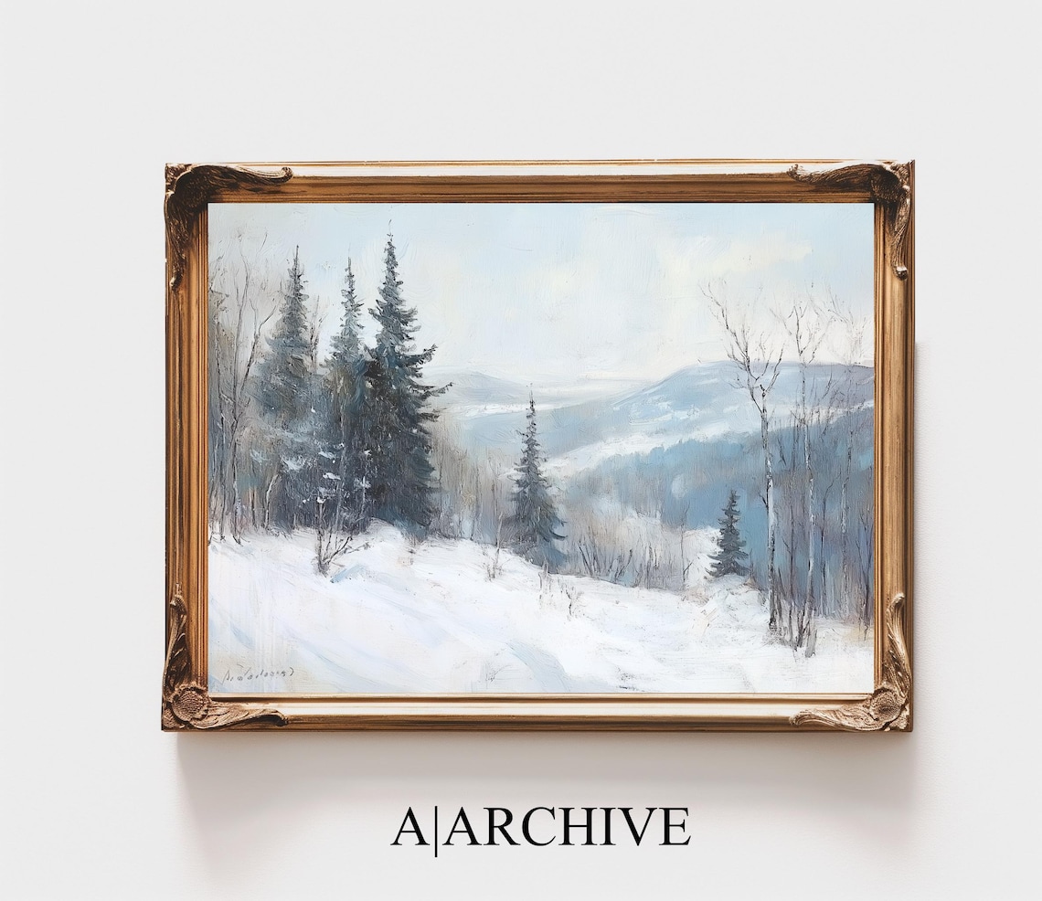 Misty Snowy Mountain Pines Winter Landscape Oil Painting Poster
