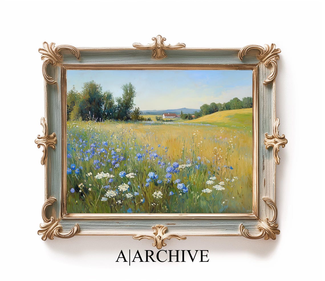 Blue Cornflowers White Wildflowers Summer Meadow Landscape Poster - Image 2