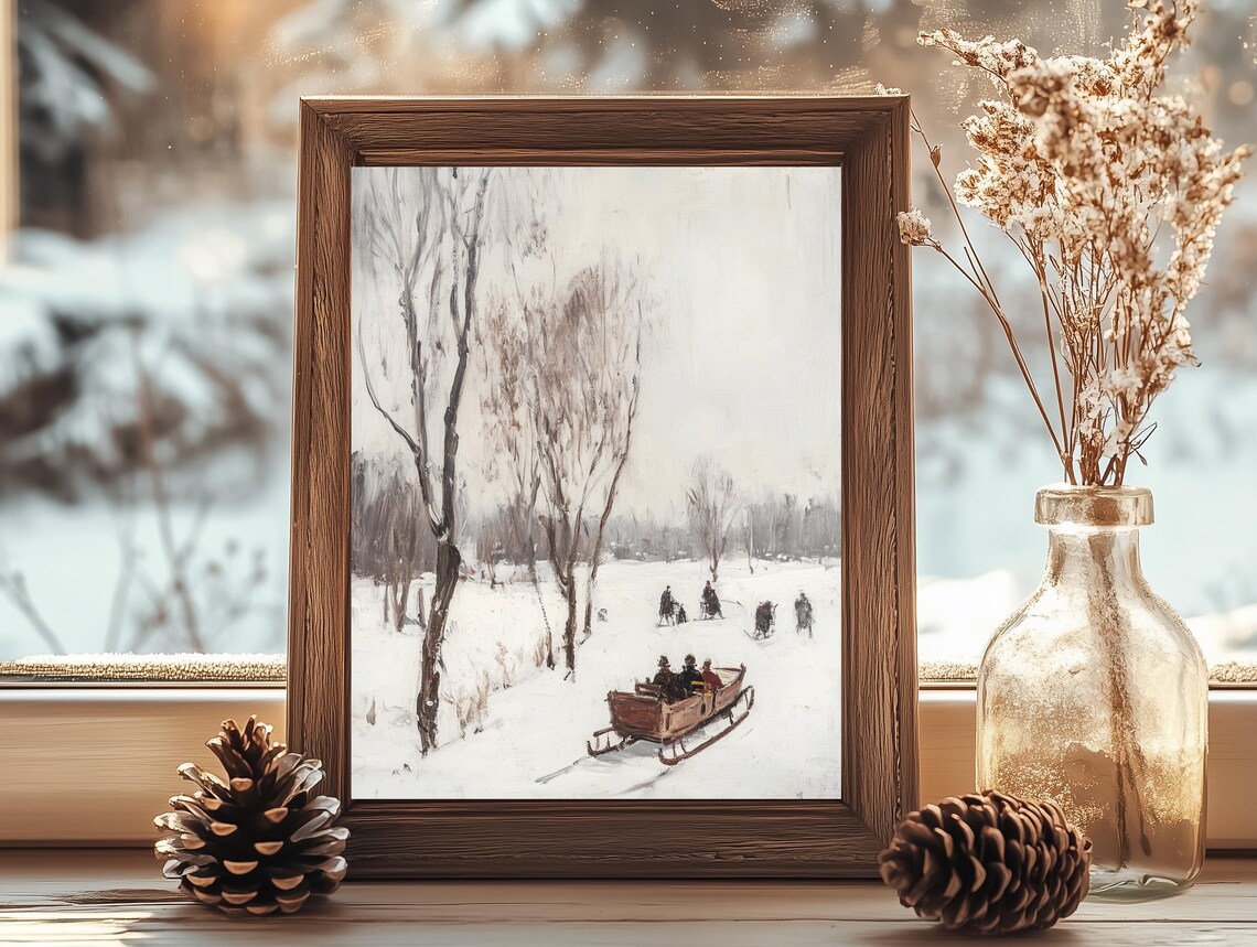 Vintage Horse Sleighs Snowy Field Birch Trees Winter Landscape Poster - Image 3