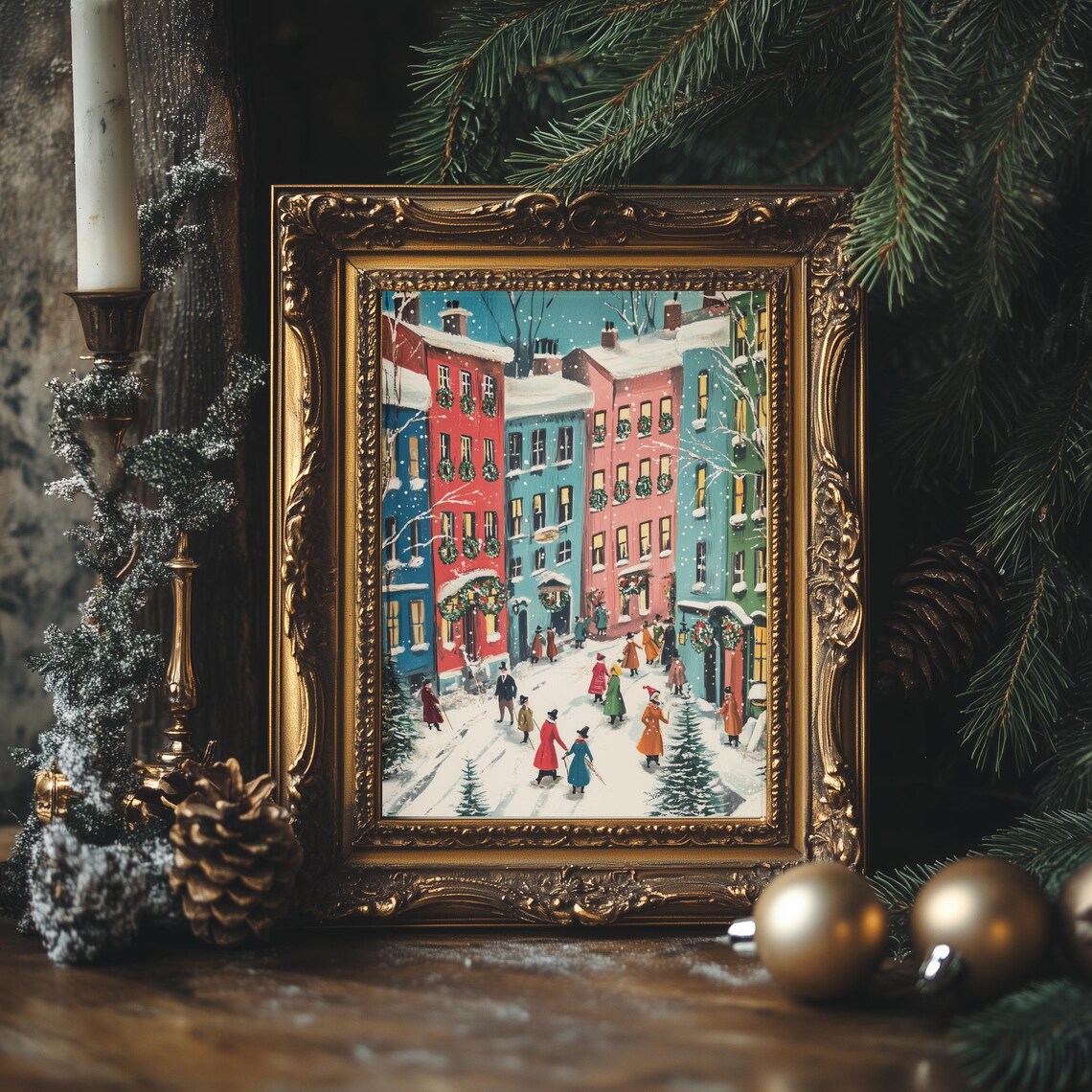 Retro Christmas Village Street Scene With Wreaths and Snow Poster - Image 4