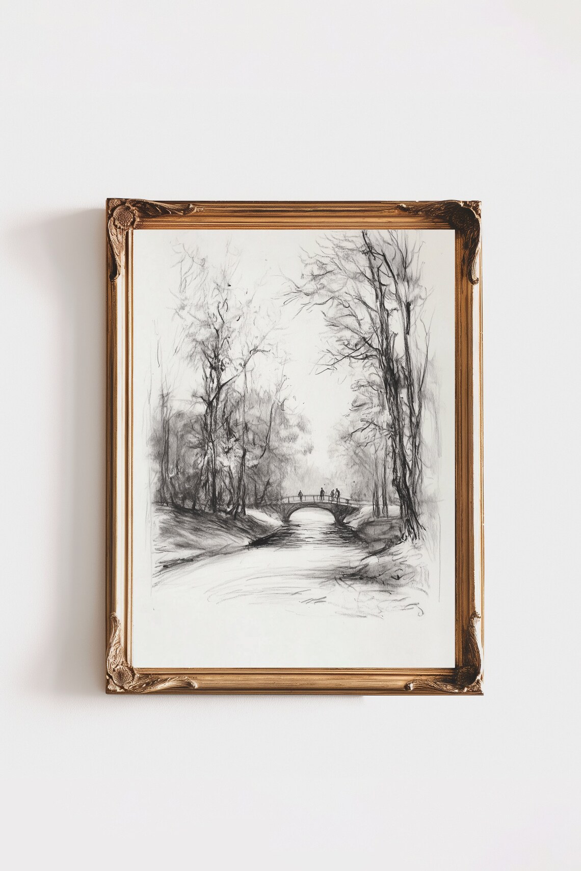 Landscape Sketch Vintage Etching, Bridge and Trees - Image 2