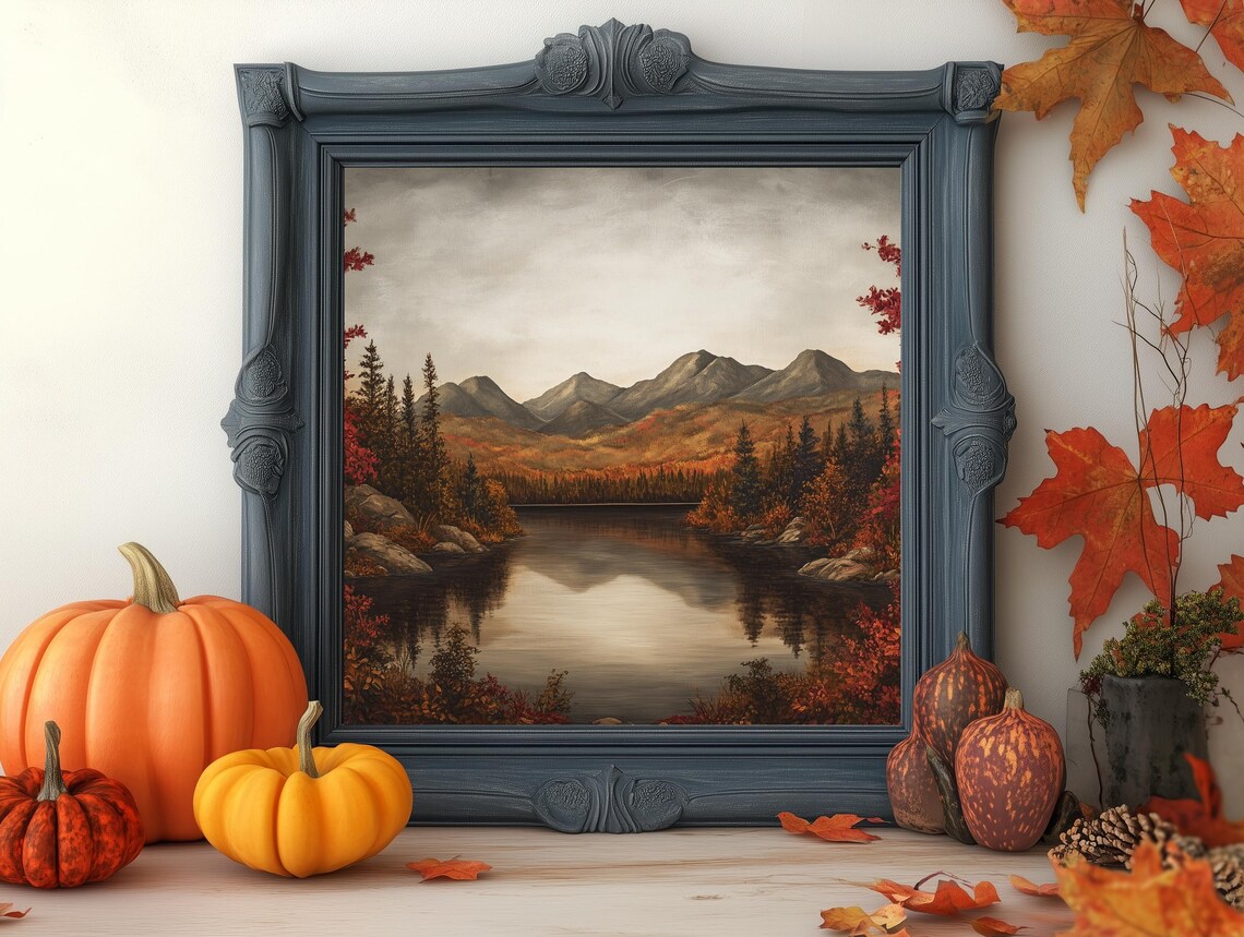 Autumn Mountain Lake Evergreen Vintage Countryside Painting Poster - Image 3