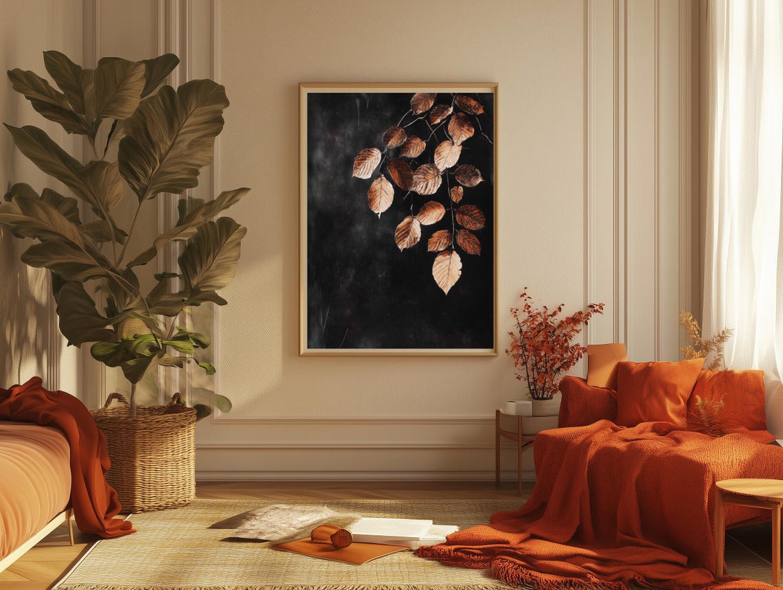 Rust Leaves on Black Vintage Dark Botanical Still Life Poster - Image 2