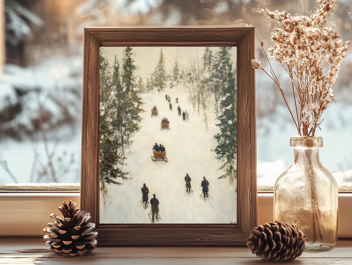 Vintage Winter Sleigh Ride Snowy Forest Path Impressionist Oil Poster - Image 2