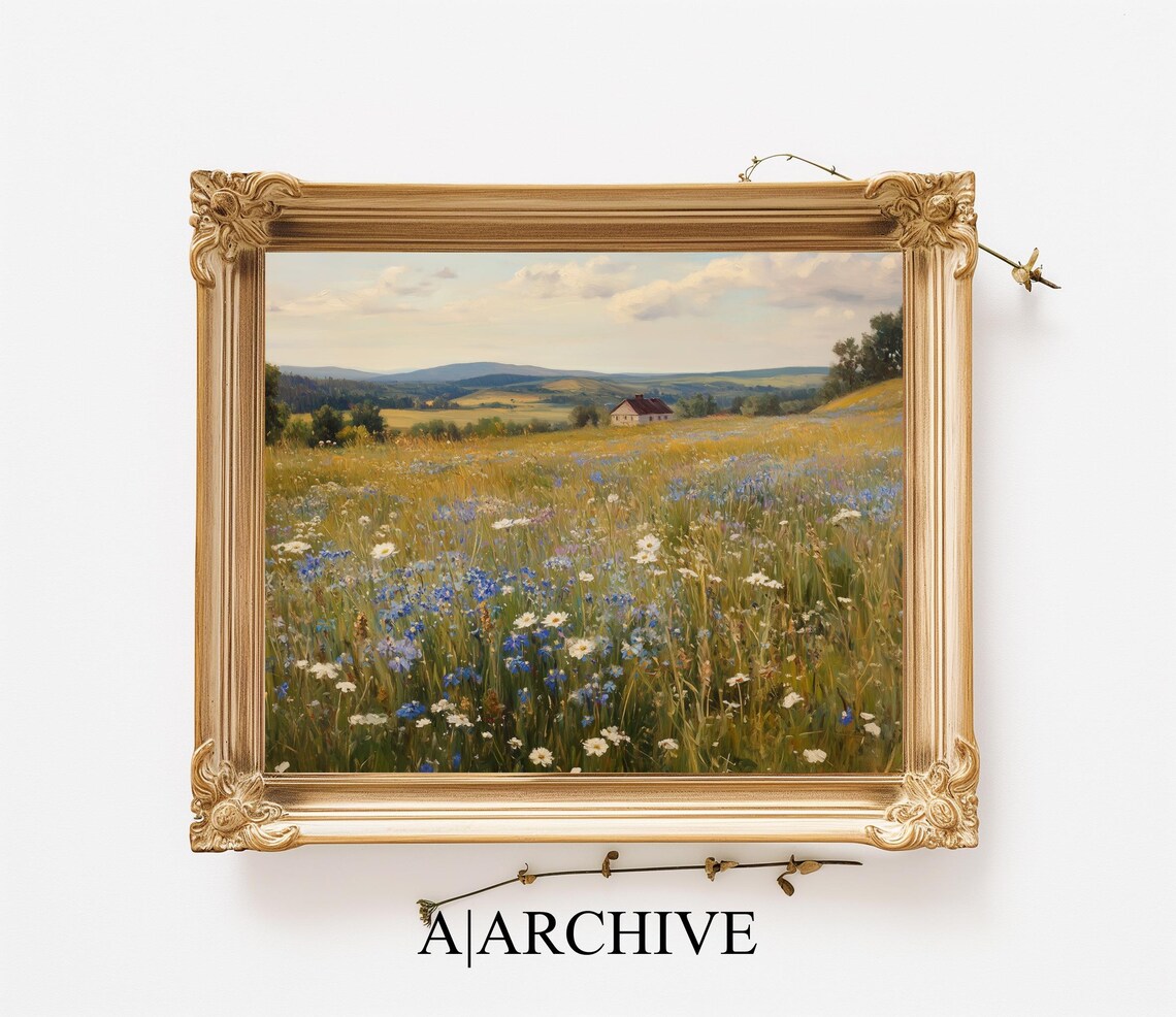 Golden Meadow Blue Cornflowers Farmhouse Country Landscape Poster - Image 3