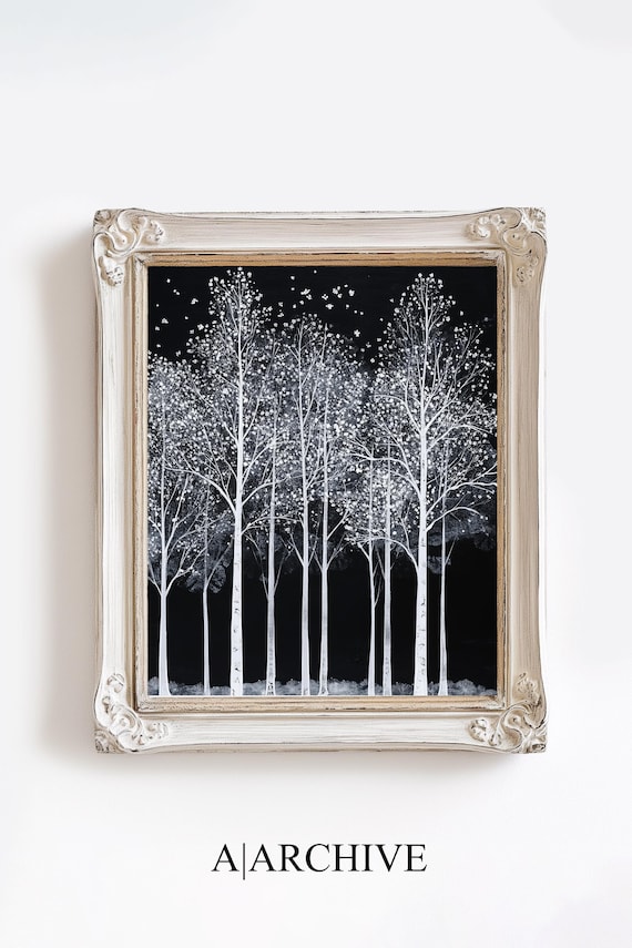 White Birch Trees Starry Night Black Background Dramatic Art Poster
