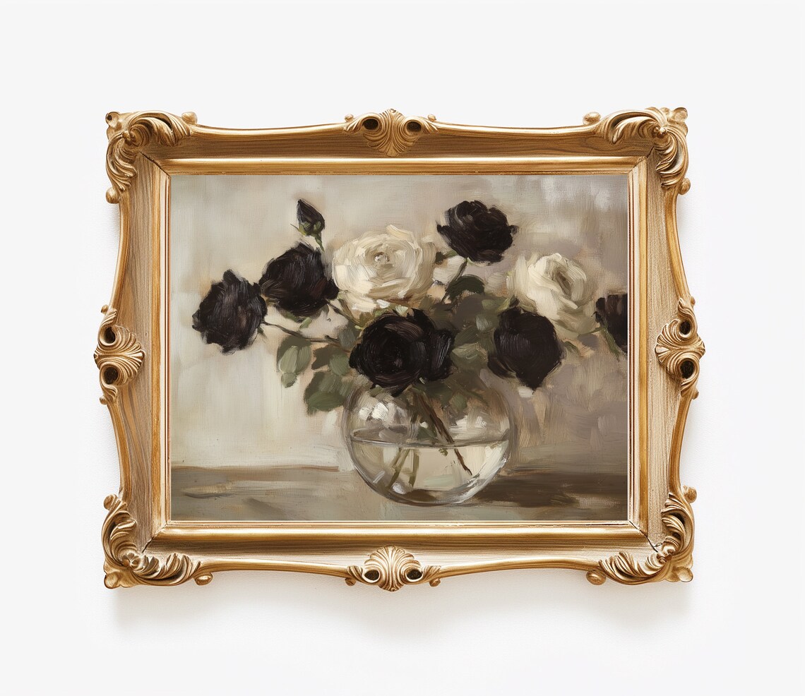 Black White Roses Glass Vase Dramatic Floral Still Life Art Poster - Image 4