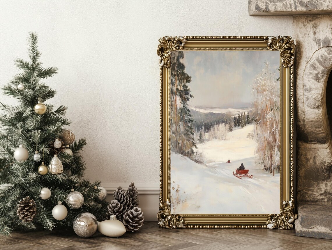 Red Sleigh Rider Snowy Winter Valley Pines Vintage Christmas Poster - Image 4