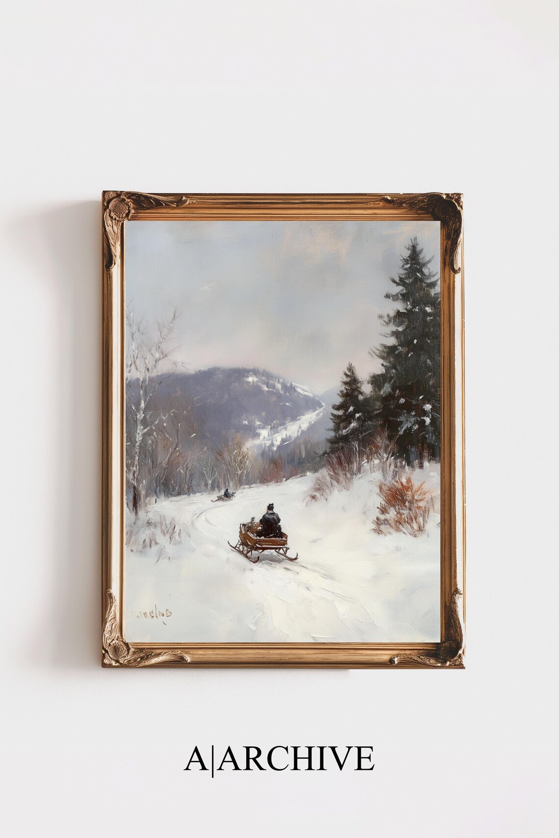 Lone Horse Sleigh Snowy Mountain Road Pines Vintage Winter Poster