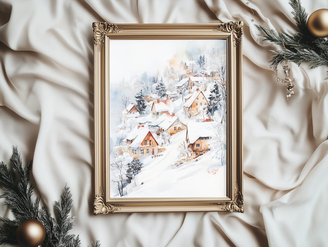 Watercolor Winter Village Hillside Snow Scene Rustic Christmas Poster - Image 2