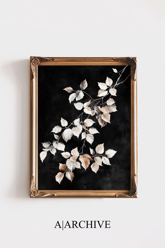 Silver Leaves Branch Black Background Delicate Botanical Art Poster