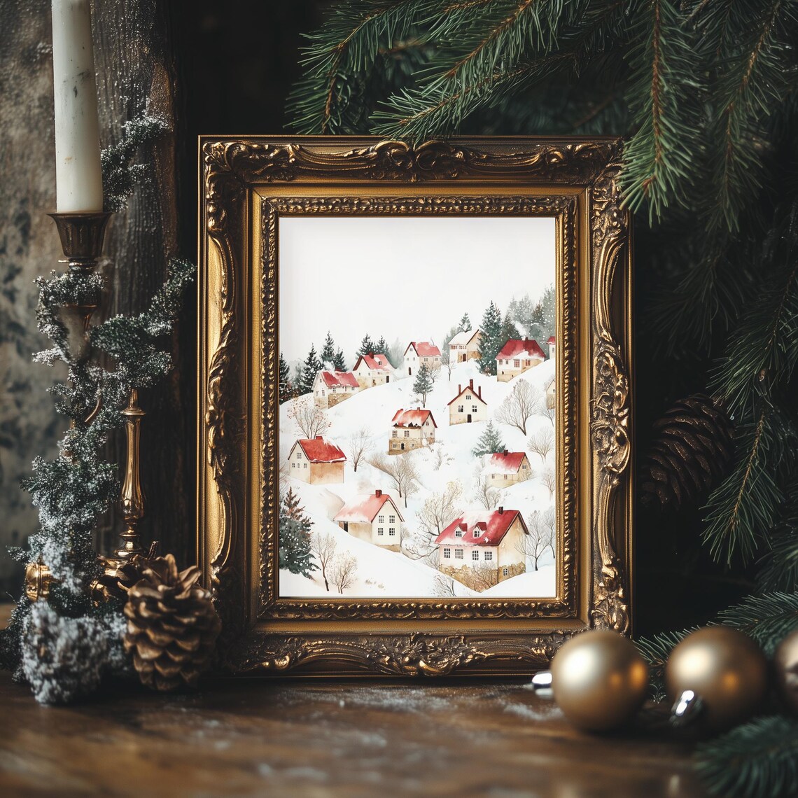 Snowy Village Red Roof Houses Winter Watercolor Scene Poster - Image 2
