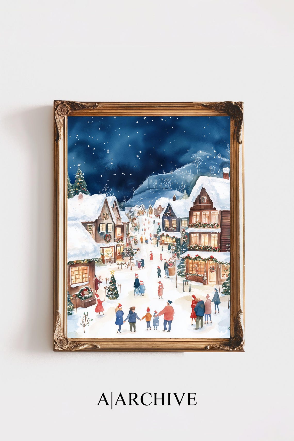 Christmas Village Main Street Night Scene Watercolor Holiday Poster
