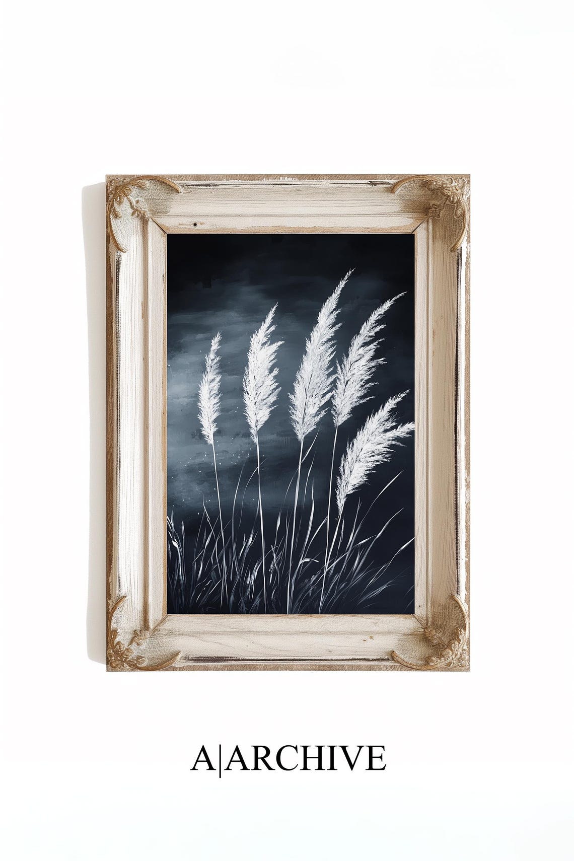 White Pampas Grass Plumes Dark Blue Night Modern Botanical Poster