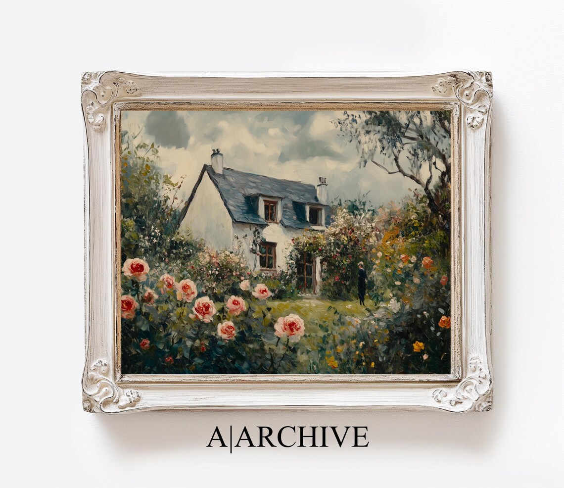 Old Farmhouse Among Climbing Roses Vintage Oil Painting Art Poster