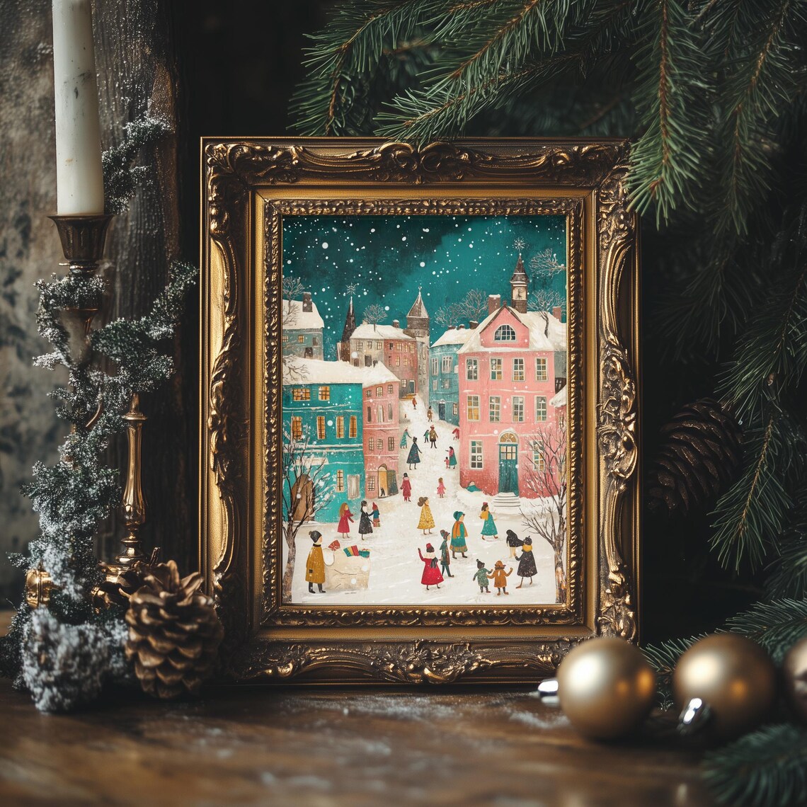 Colorful Winter Village Night Scene Retro Christmas Holiday Poster - Image 4