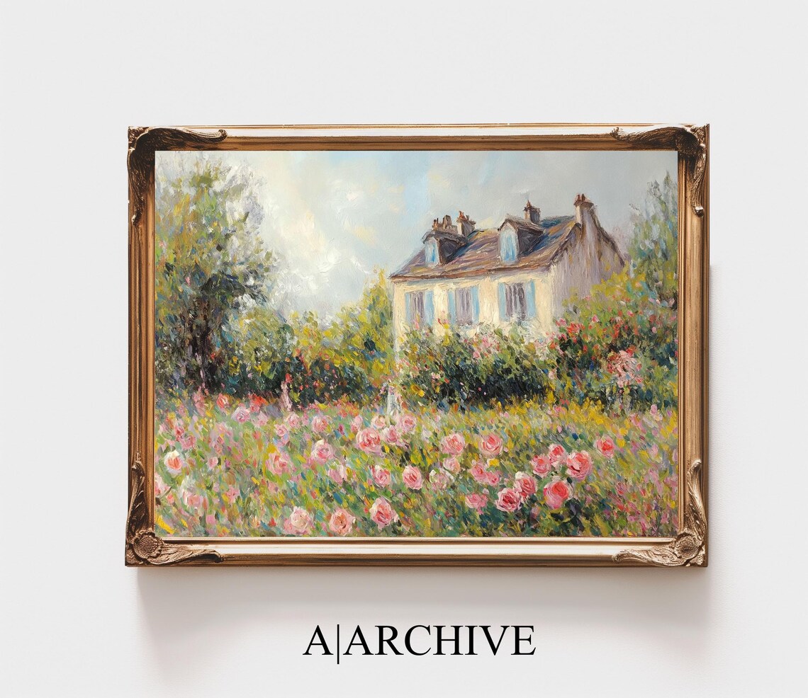 Cottage Behind a Field of Pink Roses Vintage Oil Painting Poster - Image 4
